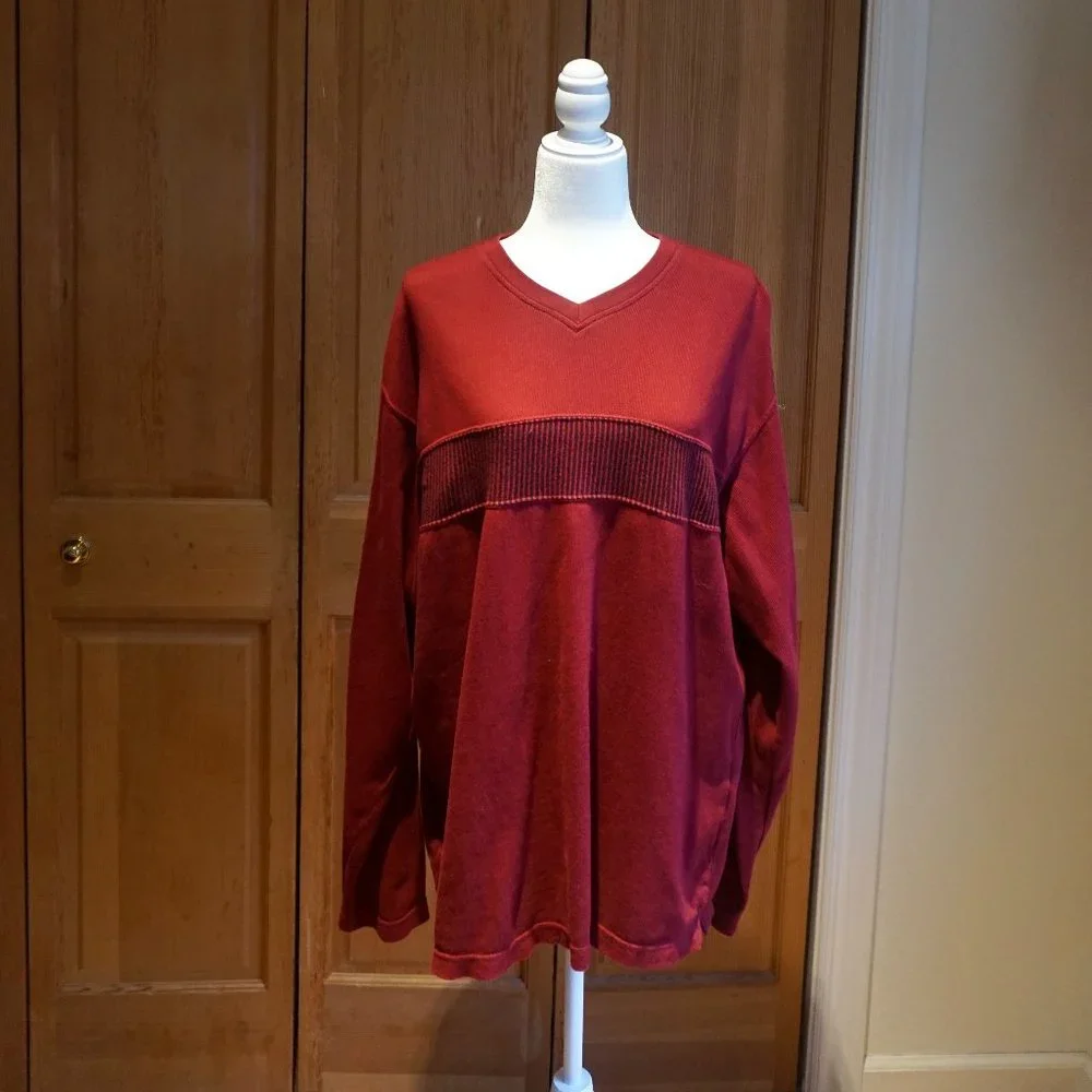 💚 VINTAGE CHAPS | RALPH LAUREN Red V-Neck Stripe Sweater (L)